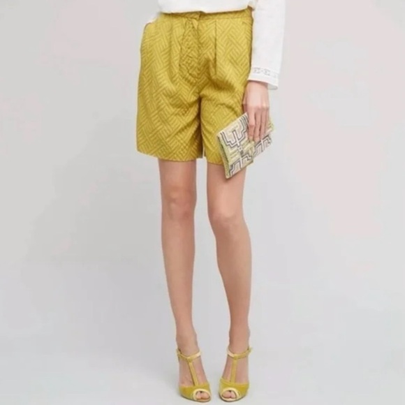Anthropologie Seen Worn Kept High Waist Pleated Jacquard Trouser Short Yellow 8 - Picture 2 of 11